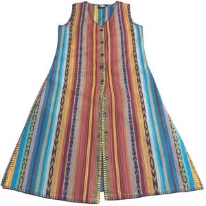 Vintage Geometric Striped Long Button Up Vest Duster Western Boho Festival  L